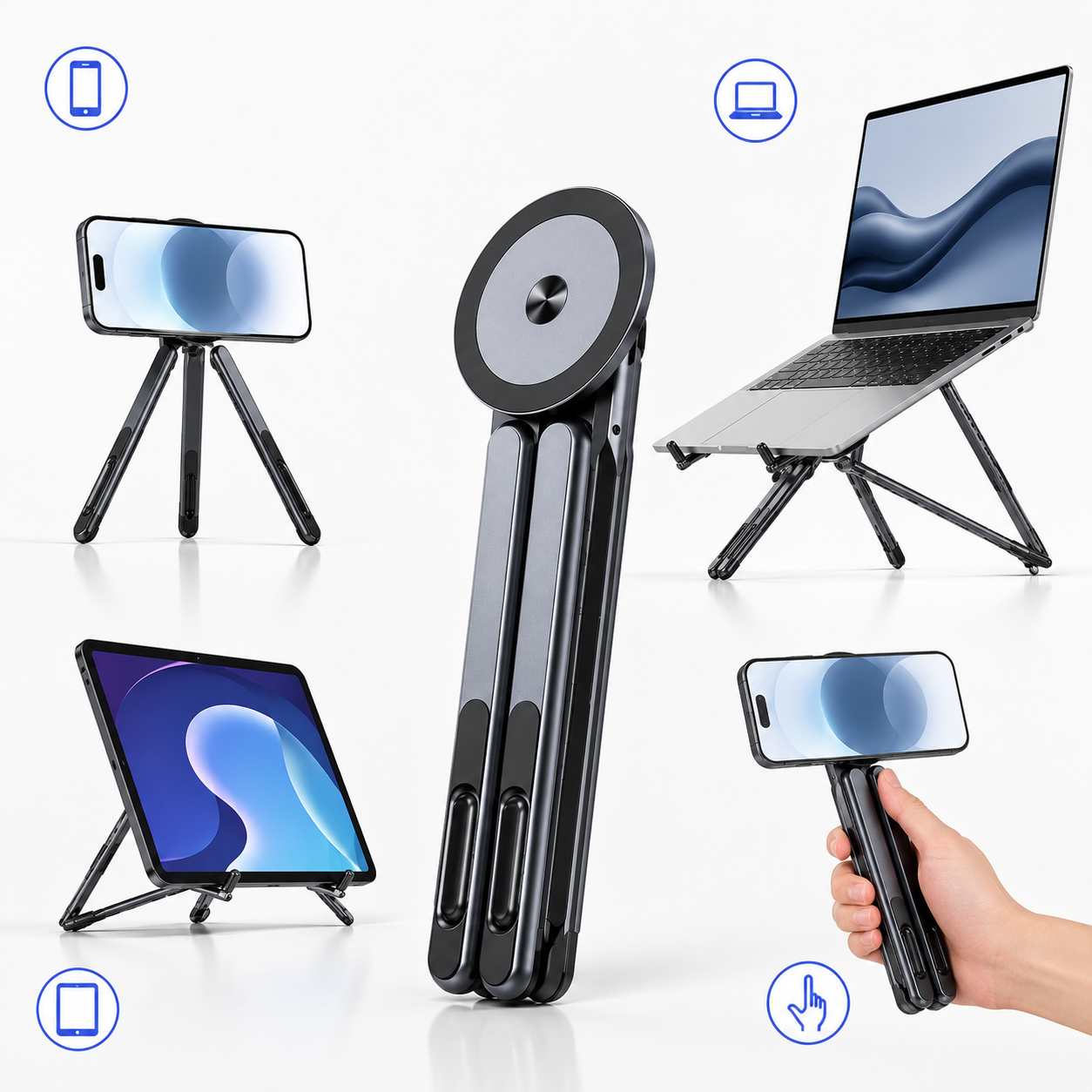 3-in-1 Magnetic Stand for Phone, Tablet & Laptop — Foldable Aluminum Riser & Tripod