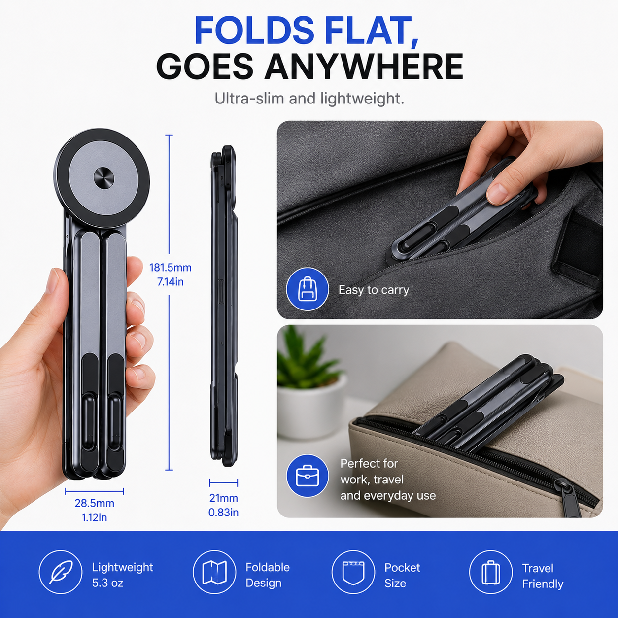 3-in-1 Magnetic Stand for Phone, Tablet & Laptop — Foldable Aluminum Riser & Tripod