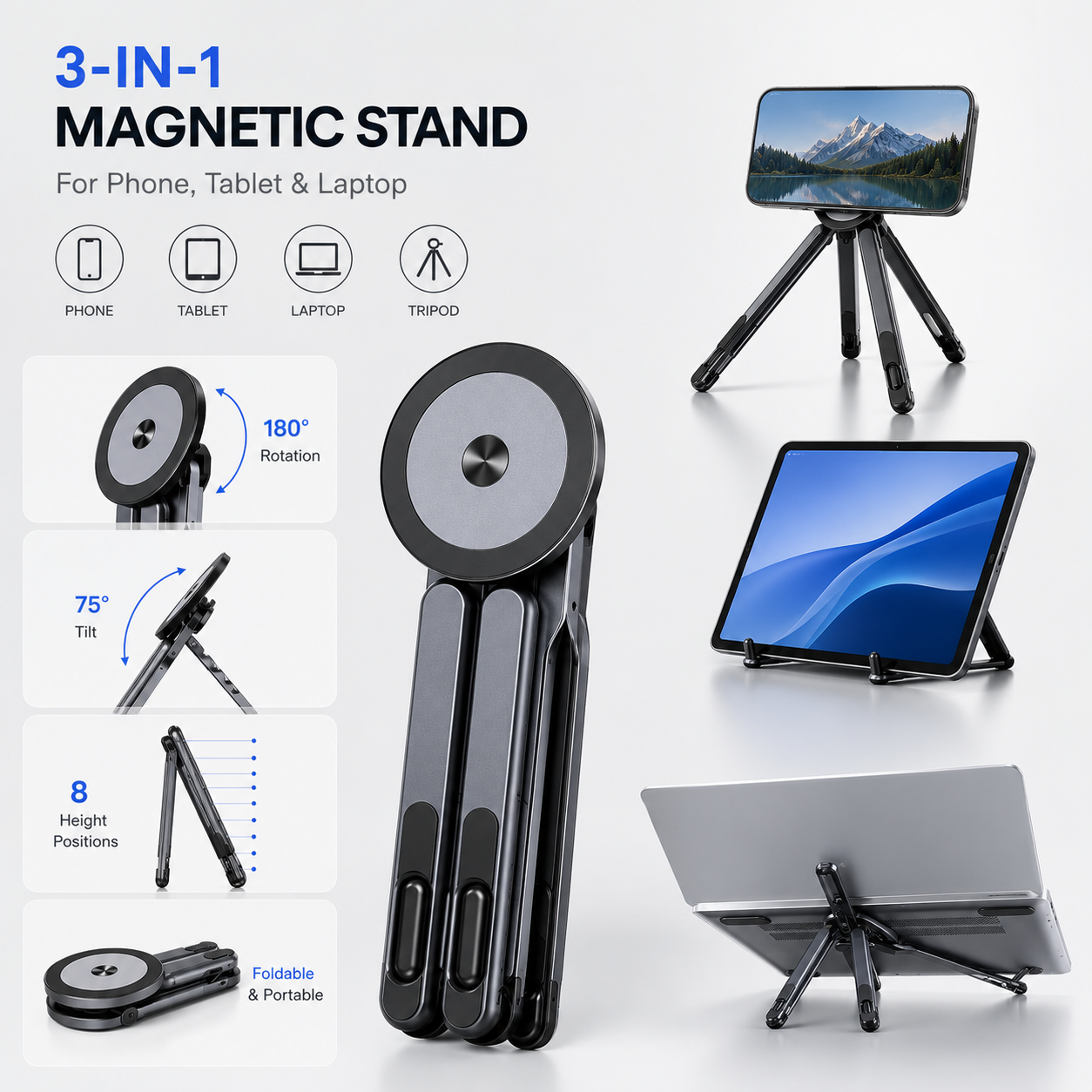 3-in-1 Magnetic Stand for Phone, Tablet & Laptop — Foldable Aluminum Riser & Tripod