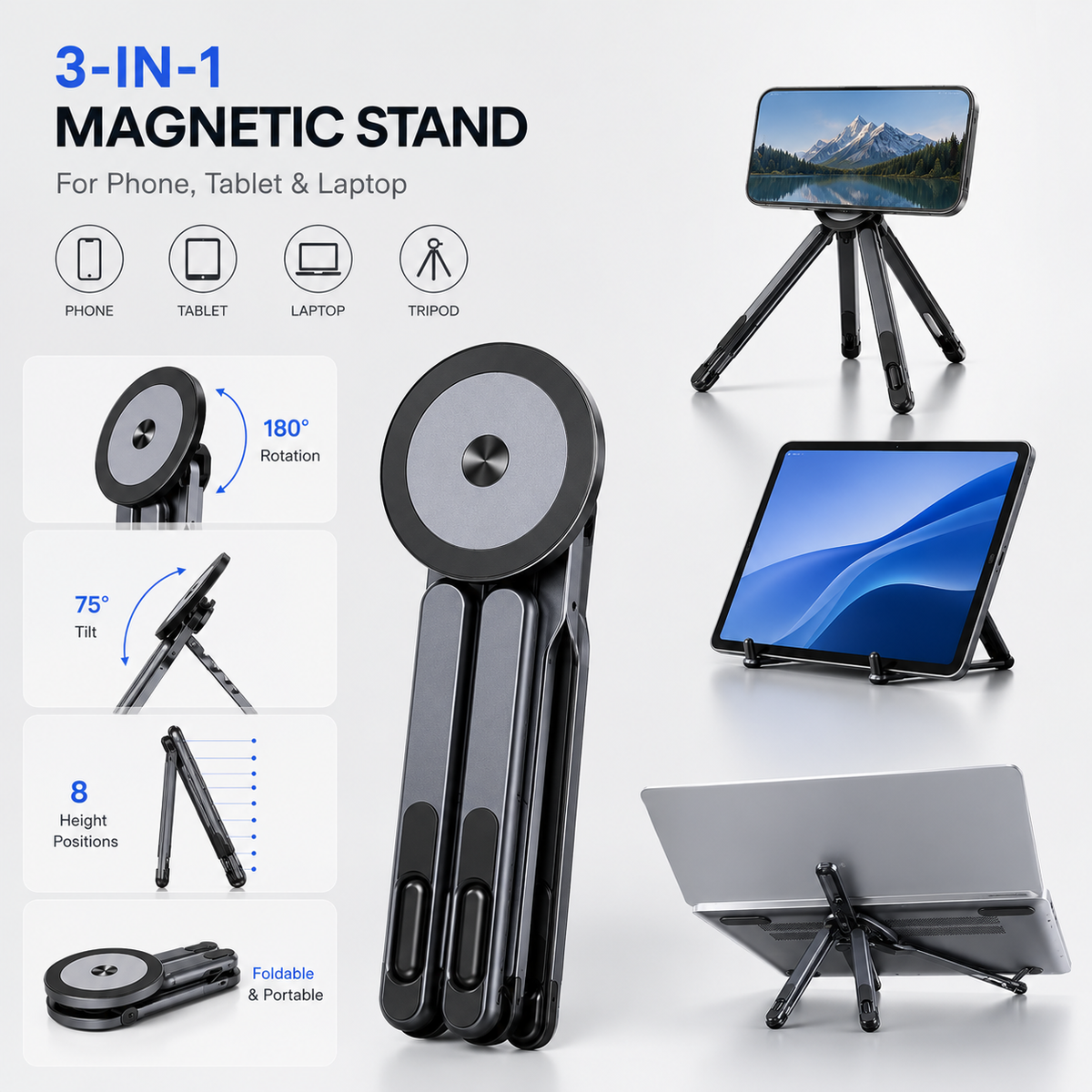 3-in-1 Magnetic Stand for Phone, Tablet & Laptop — Foldable Aluminum Riser & Tripod