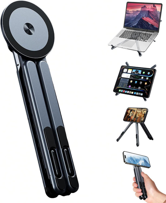 Krylo 3-in-1 magnetic stand holding a phone, tablet, and laptop at once on a desk